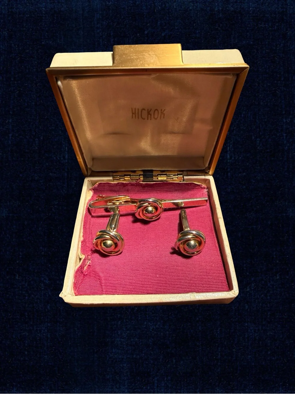 Hickok Gold-Tone Mid- Century Formal Cufflinks and Tie Bar Set with Original Box